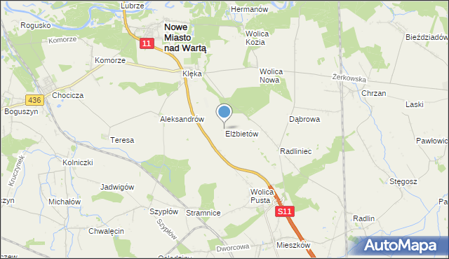 mapa Elżbietów, Elżbietów gmina Nowe Miasto nad Wartą na mapie Targeo